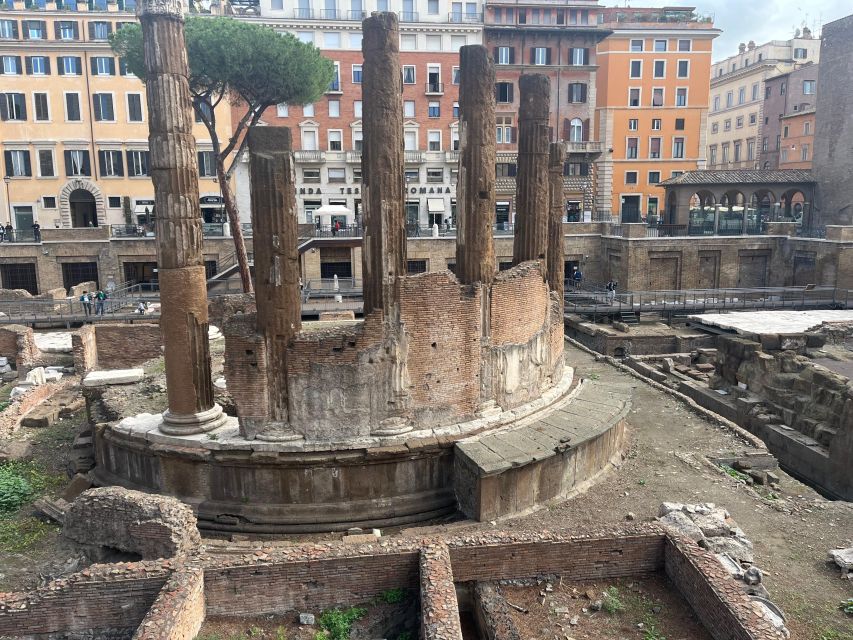 Ancient Rome: Archeological area Largo Argentina - Curia of Pompey and the tuff base: standing near Caesar’s assassination